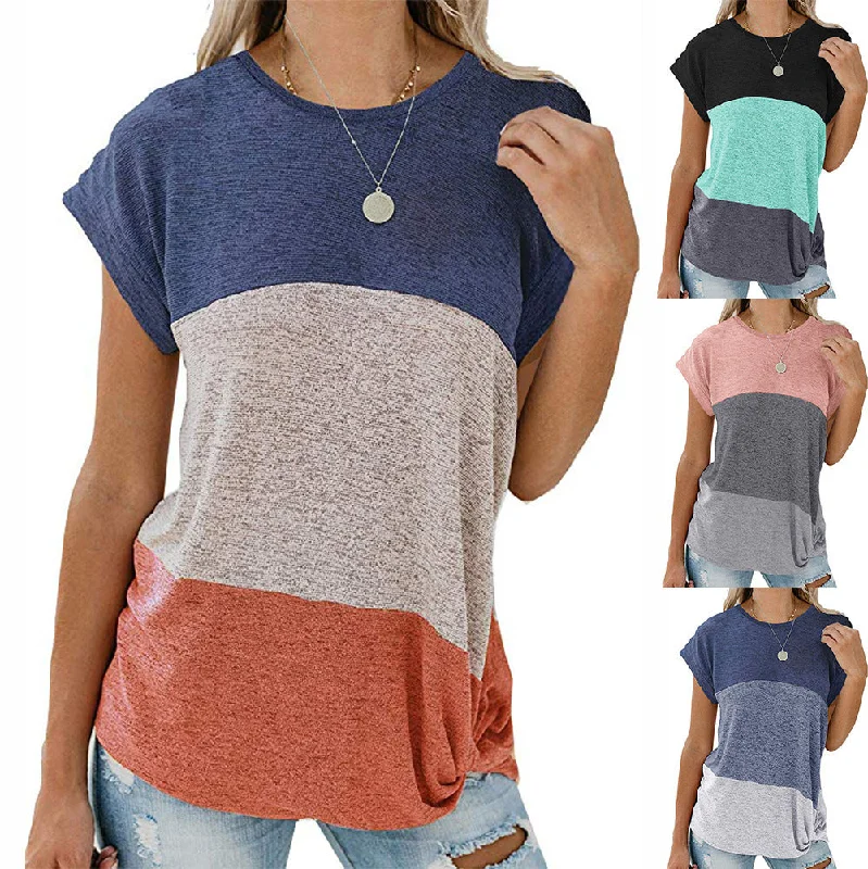 Women's Casual Doll Sleeve Crew Neck Loose Colorblock Top T-Shirt Embroidered Appliqued Beaded